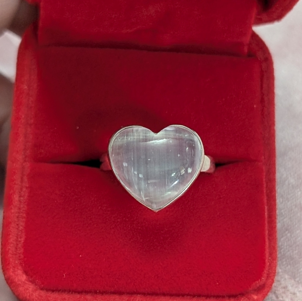 Vintage Genuine Selenite Heart Shaped Stone Set In 925 Sterling Silver Size 10